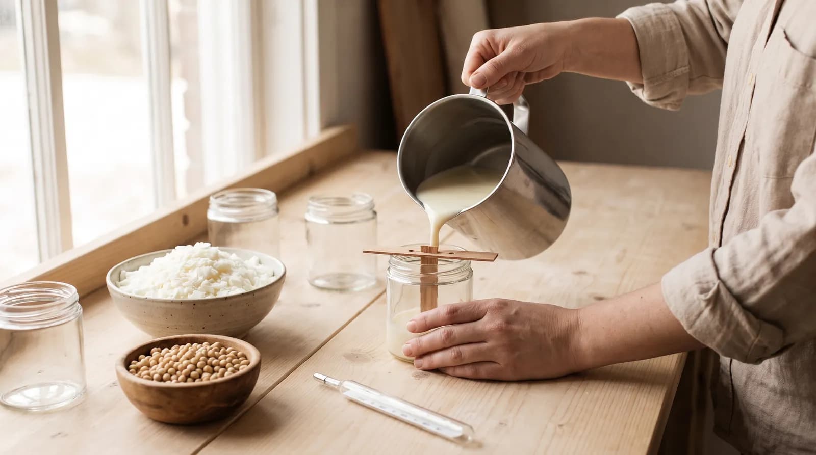 Pouring a soy candle by hand: soy wax flakes, soybeans and glass jars