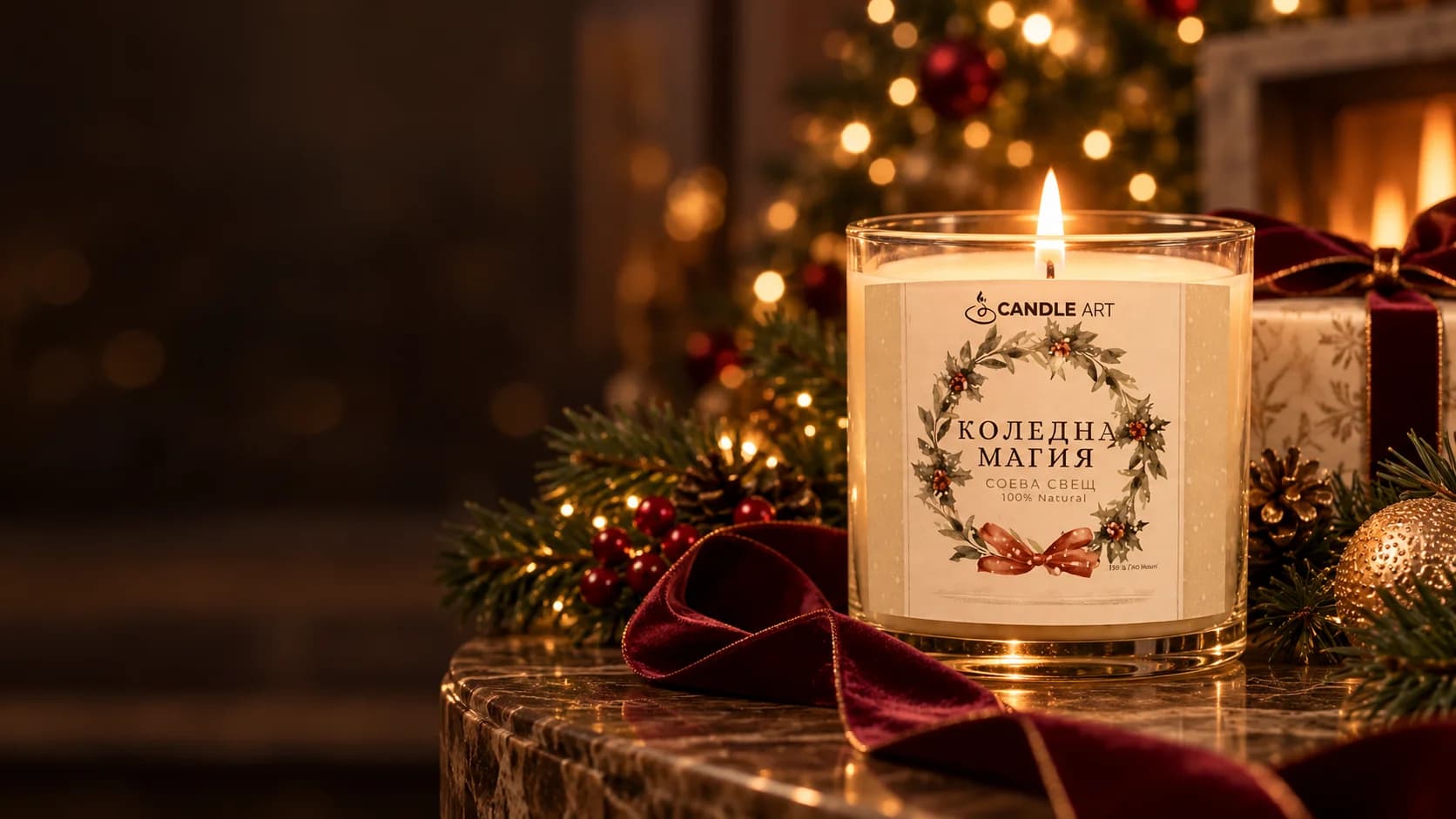 CandleArt Christmas candle by a Christmas tree with a burgundy ribbon and a gift